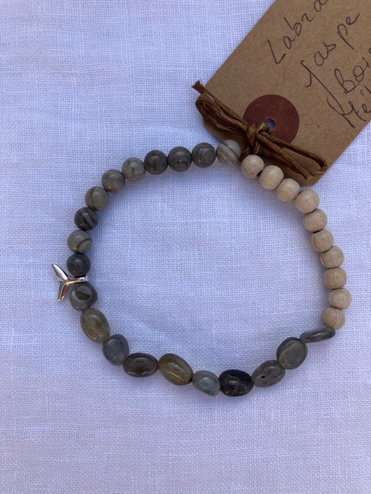 Bracelet cohérence cardiaque Bois Labradorite Jaspe grise Métal simple