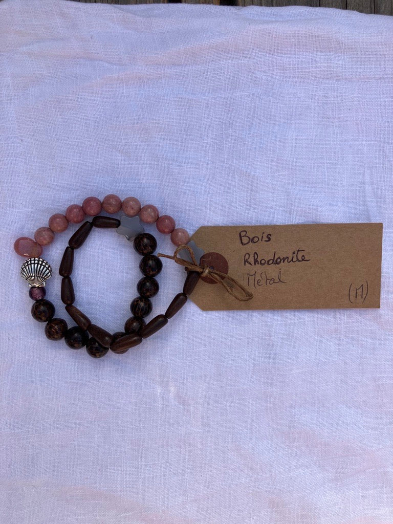 Bracelet cohérence cardiaque Bois Rhodonite métal