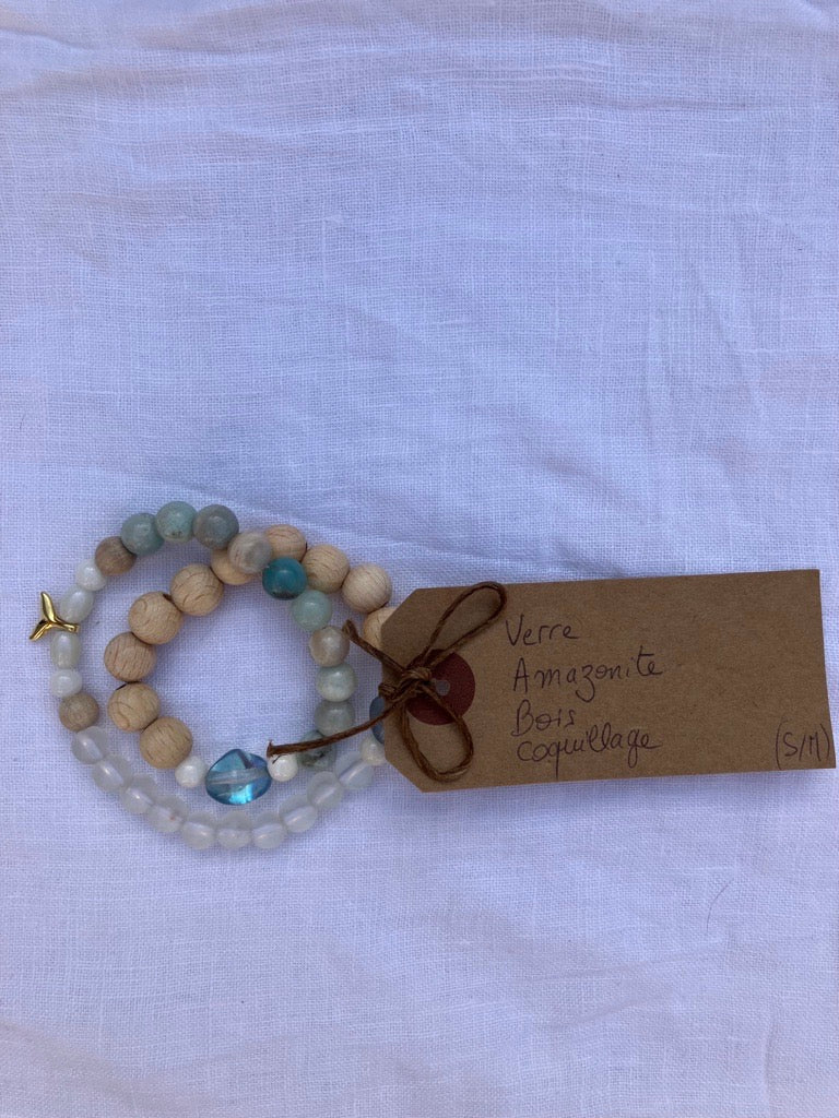 Bracelet cohérence cardiaque Verre Amazonite Bois Coquillage